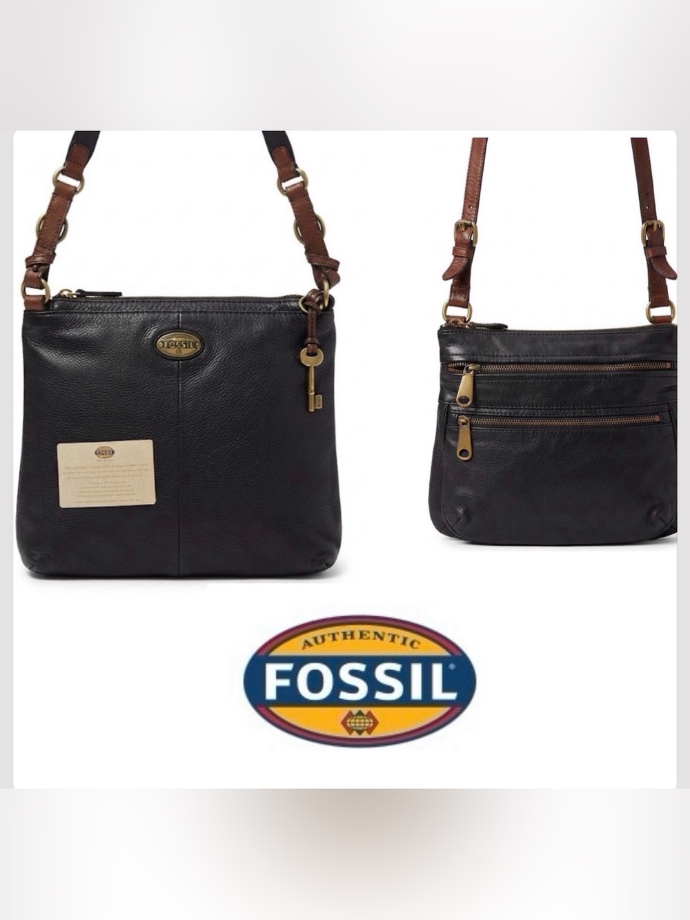 Fossil Black Leather Crossbody Messenger with Brown Strap